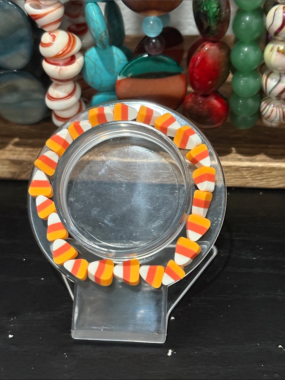 Handcrafted candy corn theme beaded bracelet